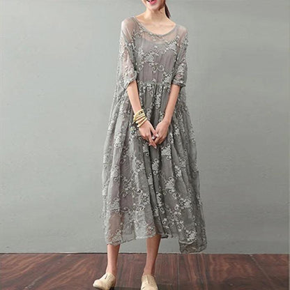 Vintage Gray Maxi Dress Trendy Plus Size Lace Gown Top Quality Bracelet Sleeved Gown ( Limited Stock)