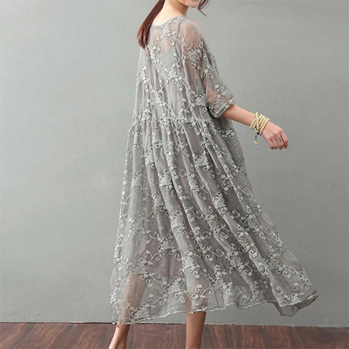 Vintage Gray Maxi Dress Trendy Plus Size Lace Gown Top Quality Bracelet Sleeved Gown ( Limited Stock)