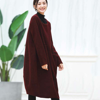warm burgundy knit dresses oversized O neck sweater casual baggy dresses pullover sweater