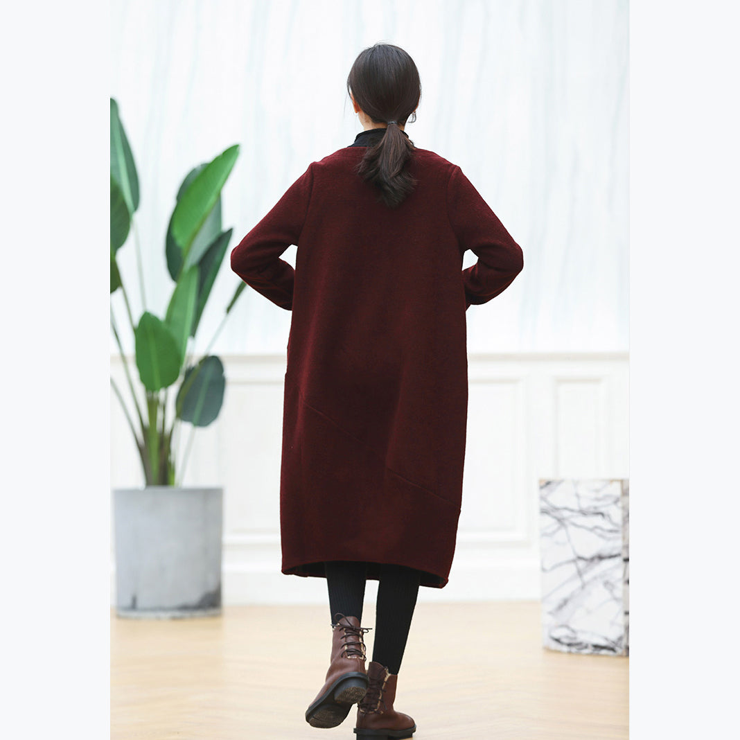 warm burgundy knit dresses oversized O neck sweater casual baggy dresses pullover sweater
