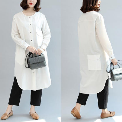 white baggy cotton dresses loose casual long sleeve shirt dress