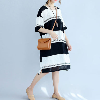 white black striped Midi-length cotton dress plus size linen cotton dress boutique low high design alphabet prints clothing