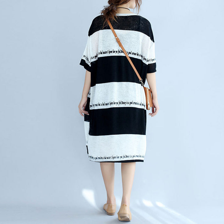 white black striped Midi-length cotton dress plus size linen cotton dress boutique low high design alphabet prints clothing
