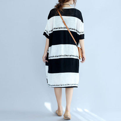white black striped Midi-length cotton dress plus size linen cotton dress boutique low high design alphabet prints clothing
