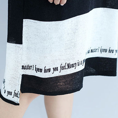 white black striped Midi-length cotton dress plus size linen cotton dress boutique low high design alphabet prints clothing