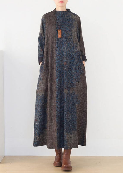 winter blue prints retro loose large size dress - SooLinen
