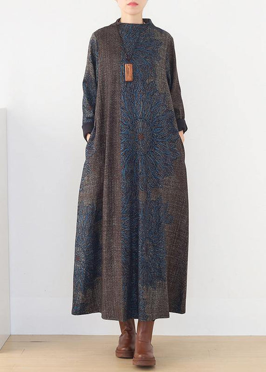 winter blue prints retro loose large size dress - SooLinen