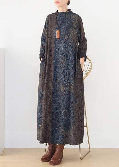 winter blue prints retro loose large size dress - SooLinen