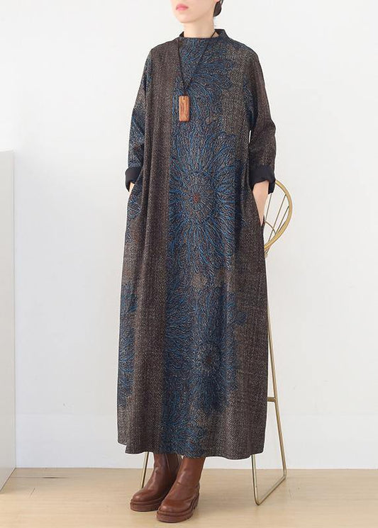 winter blue prints retro loose large size dress - SooLinen