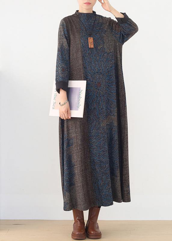 winter blue prints retro loose large size dress - SooLinen