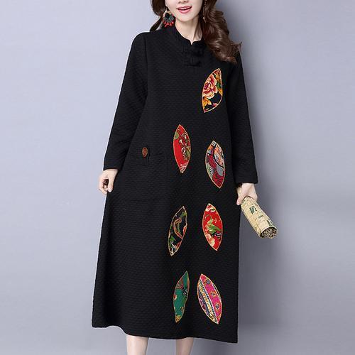winter thick black cotton embroidery dresses oversize vintage maxi dress