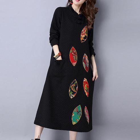 winter thick black cotton embroidery dresses oversize vintage maxi dress