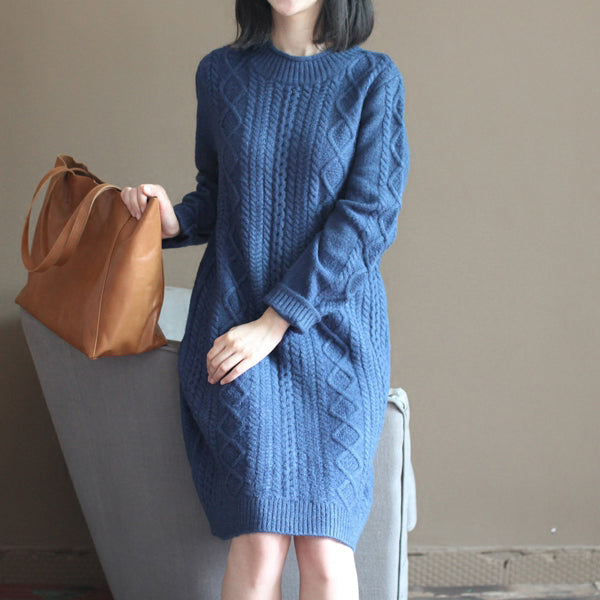 winter vintage dark blue cotton sweater dresses plus size cable knit casual dress