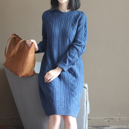 winter vintage dark blue cotton sweater dresses plus size cable knit casual dress