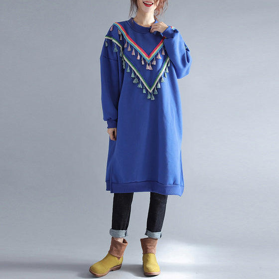 winter warm blue cotton fashion dresses plus size tassel decorated traveling dress