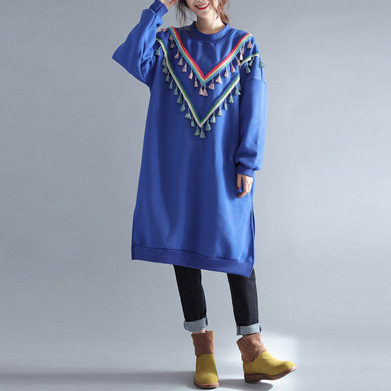 winter warm blue cotton fashion dresses plus size tassel decorated traveling dress