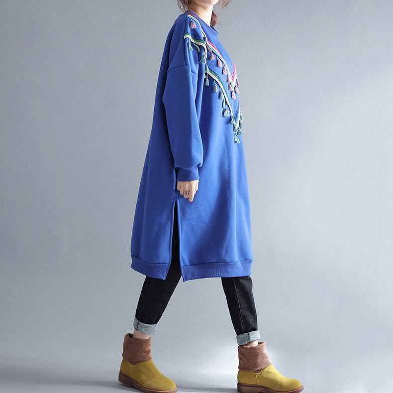 winter warm blue cotton fashion dresses plus size tassel decorated traveling dress