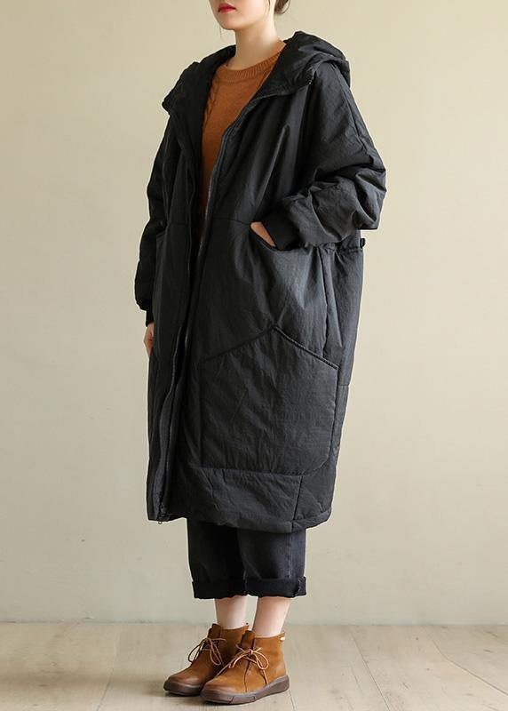 women Loose fitting down jacket big pockets winter coats black hooded winter parkas - SooLinen