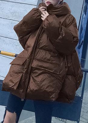women Loose fitting snow jackets Jackets chocolate hooded zippered goose Down coat - SooLinen