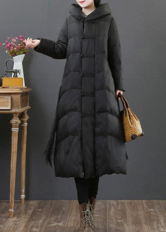 women Loose fitting snow jackets winter outwear black hooded zippered duck down coat - SooLinen