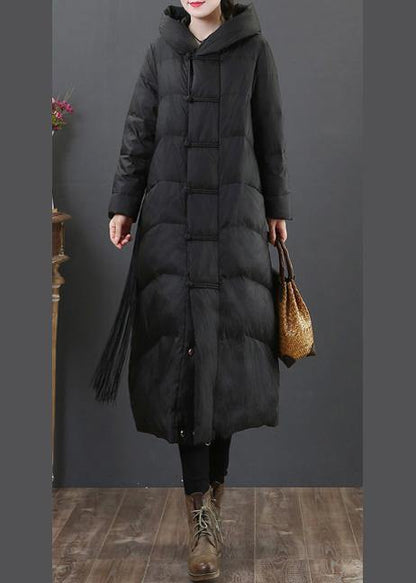 women Loose fitting snow jackets winter outwear black hooded zippered duck down coat - SooLinen