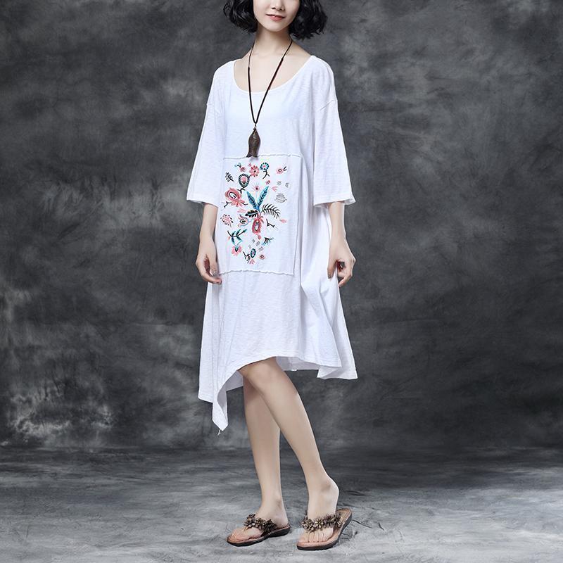 women Midi-length cotton dress trendy plus size Loose Round Neck Embroidered Irregular Cotton Dress