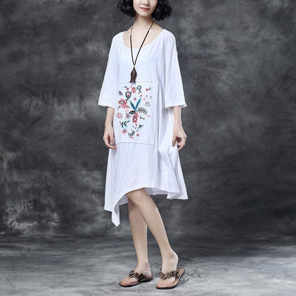 women Midi-length cotton dress trendy plus size Loose Round Neck Embroidered Irregular Cotton Dress