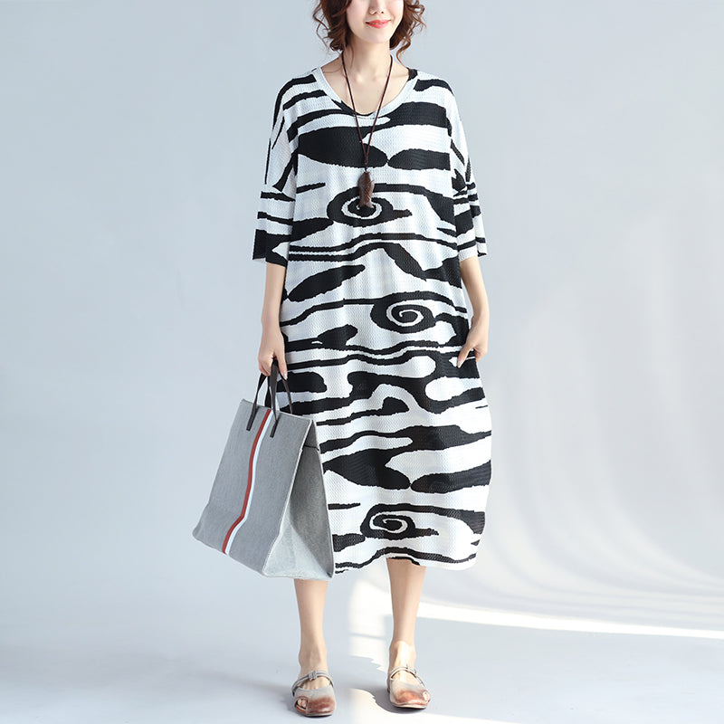 women black cotton knee dress trendy plus size casual dress New short sleeve asymmetric striped cotton dresses