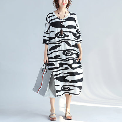 women black cotton knee dress trendy plus size casual dress New short sleeve asymmetric striped cotton dresses