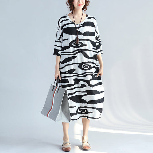 women black cotton knee dress trendy plus size casual dress New short sleeve asymmetric striped cotton dresses