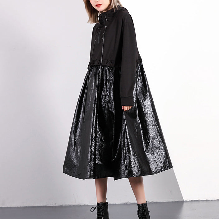 women black fall oversized traveling clothing drawstring Elegant hooded patchwork dresses