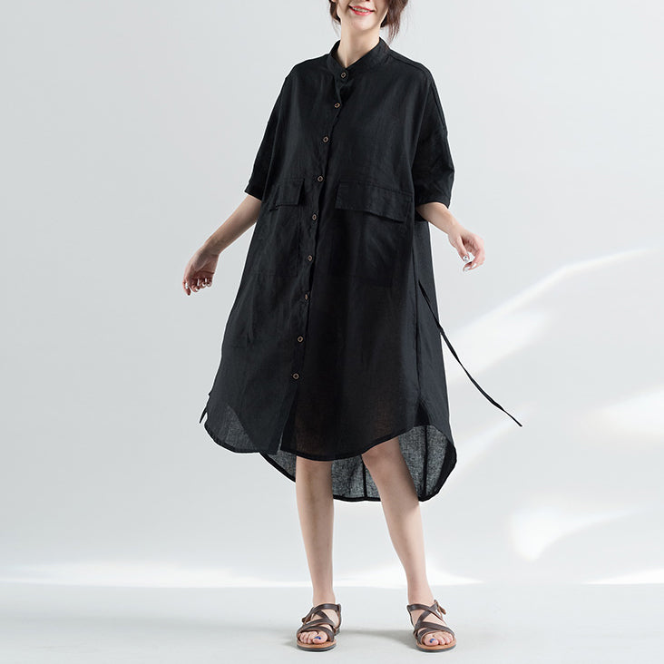 women black natural cotton dress oversize clothing dresses 2018 half sleeve Stand natural cotton dress