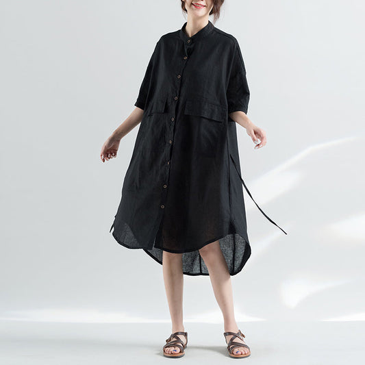 women black natural cotton dress oversize clothing dresses 2018 half sleeve Stand natural cotton dress