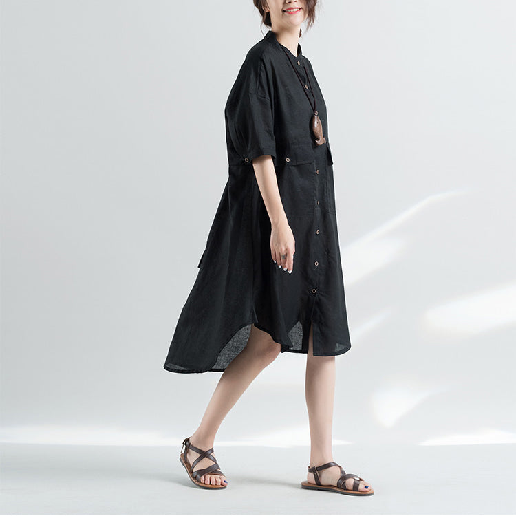women black natural cotton dress oversize clothing dresses 2018 half sleeve Stand natural cotton dress