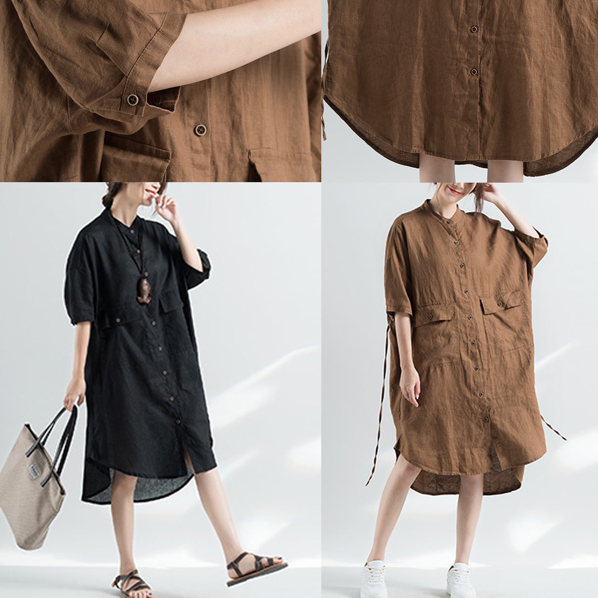 women black natural cotton dress oversize clothing dresses 2018 half sleeve Stand natural cotton dress
