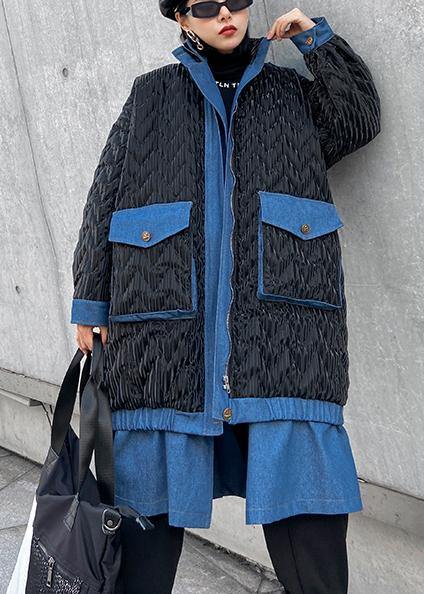 women black outwear plus size snow jackets lapel zippered winter outwear - SooLinen