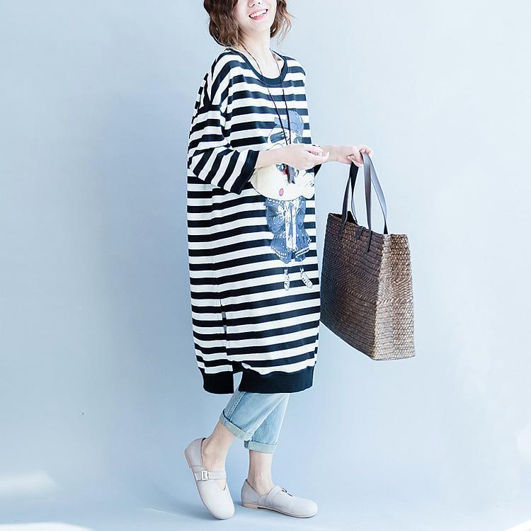 women black white striped cotton dresses plus size cotton clothing dress women side open striped clothing dress