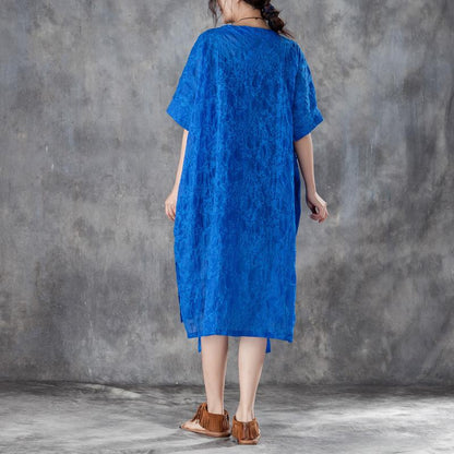 women cotton shift dress oversized Loose Round Neck Short Sleeve Irregular Blue Dress