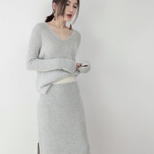 women gray knit sweaters plus size clothing v neck knitted blouses vintage side open skirt two pieces