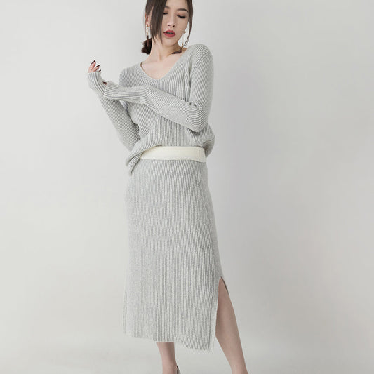 women gray knit sweaters plus size clothing v neck knitted blouses vintage side open skirt two pieces