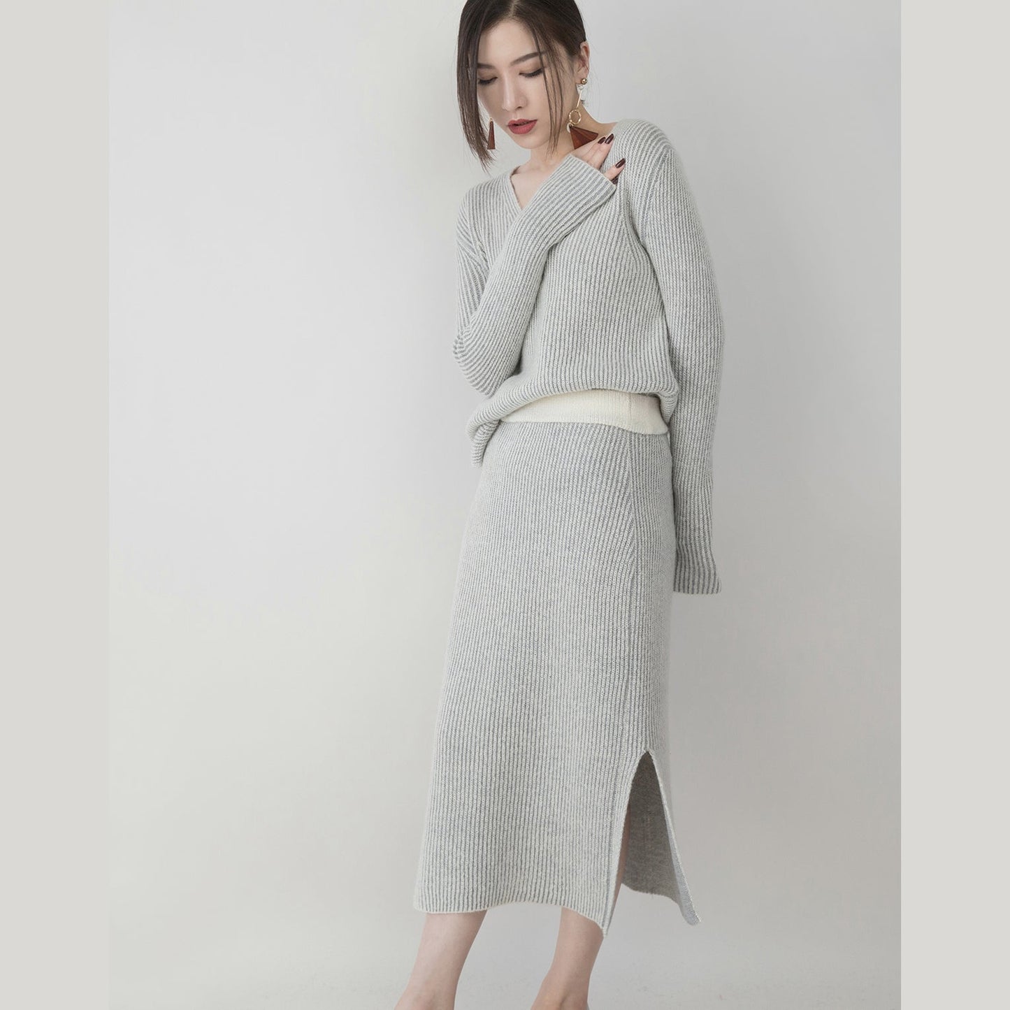 women gray knit sweaters plus size clothing v neck knitted blouses vintage side open skirt two pieces
