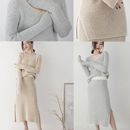 women gray knit sweaters plus size clothing v neck knitted blouses vintage side open skirt two pieces