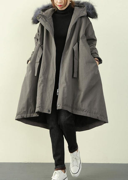 women gray winter outwear casual hooded faux fur collar outwear - SooLinen