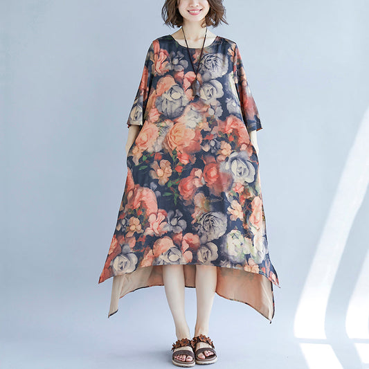 women khaki cotton blended maxi dress trendy plus size print Half sleeve long dresses New o neck cotton blended clothing