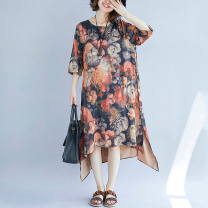 women khaki cotton blended maxi dress trendy plus size print Half sleeve long dresses New o neck cotton blended clothing