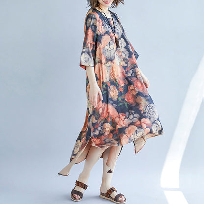 women khaki cotton blended maxi dress trendy plus size print Half sleeve long dresses New o neck cotton blended clothing