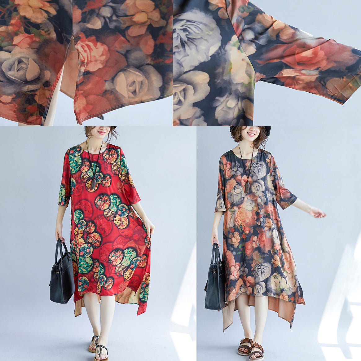 women khaki cotton blended maxi dress trendy plus size print Half sleeve long dresses New o neck cotton blended clothing