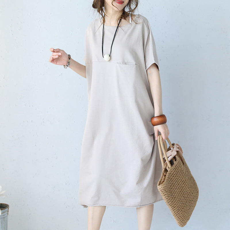 women khaki cotton dress oversize traveling dress boutique short sleeve o neck natural cotton dress