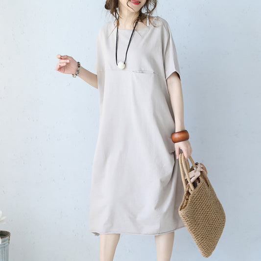 women khaki cotton dress oversize traveling dress boutique short sleeve o neck natural cotton dress