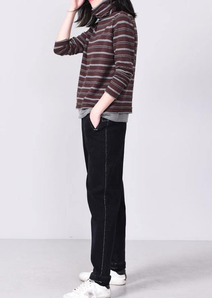 women khaki striped knitted tops oversized high neck knit sweater long sleeve - SooLinen